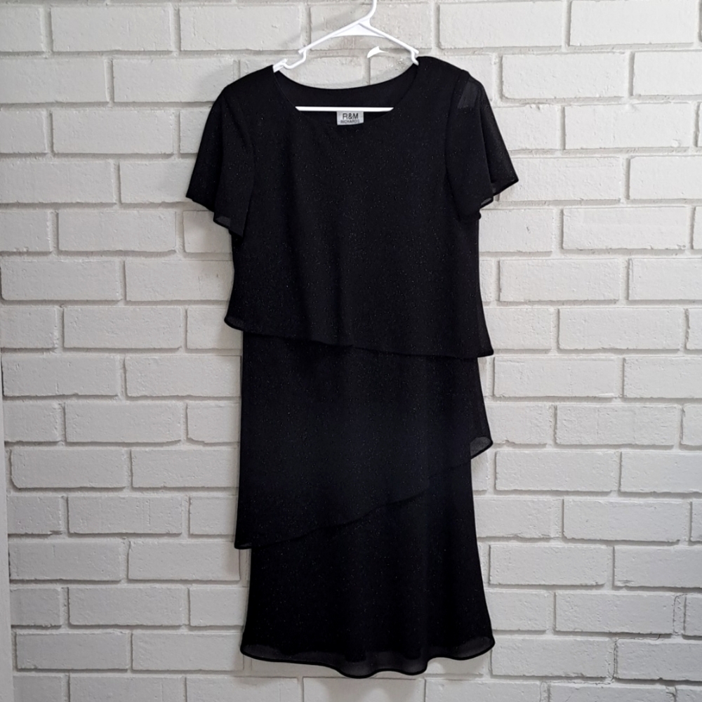 R & M Richard's Formal Black Silver Speckle Ruffled Midi Dress. Size 6P NWOT
